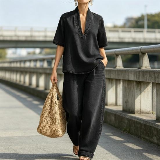 Women's Summer 2 Piece Denim Set Short Sleeve Lapel V Neck Top And Wide Leg Pants Tracksuit Casual Vacation Outfits with Pockets
