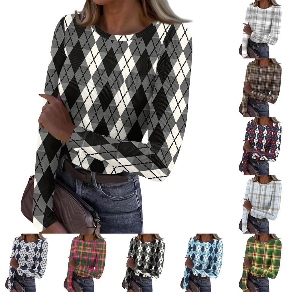 Women's Casual Neck Plaid Print Long Sleeve Ribbed Knit Top for Everyday Wear