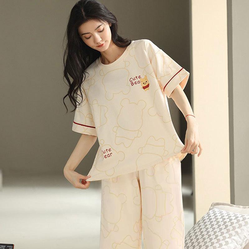 Summer Pure Cotton Pajamas Women's Pullover Sweet Casual Short-sleeved Cropped Pants Can Be Worn Outside Loungewear Student Dormitory Set