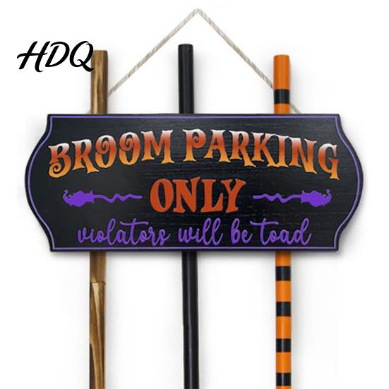 Weatherproof Yard Ornament Halloween Broom Parking Sign with 3 Pcs Wooden Witches Brooms, Hocus Pocus Seasonal Home Wall Themed Hanging for