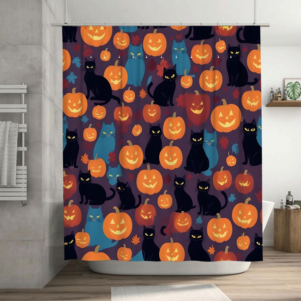 Halloween Decor Shower Curtain with Orange Jack-O-Lanterns Black Cats Bathtub Waterproof Fabric Bathroom Decorative Window Drape