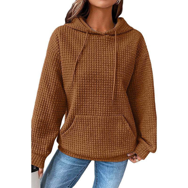 2025 New Women's Loose Hooded Long-sleeved Stitching Sweater Leisure Versatile Round Neck Solid Color Waffle Knit Hoodie