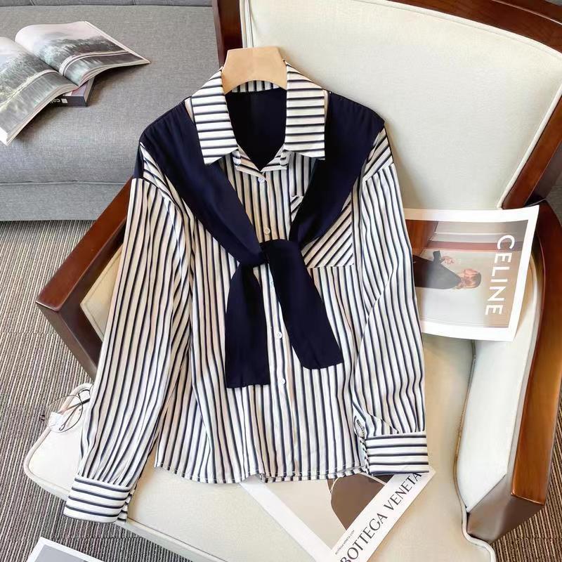 Vertical Striped Shirt for Women Spring Women's Loose Collared Long Sleeved Top