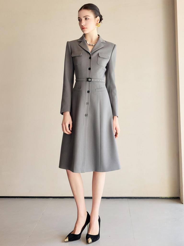 Damen High-End Graues A-Linien Anzugkleid - Frühling Formell, Professionell, Taillenverschmälernd, Elegant