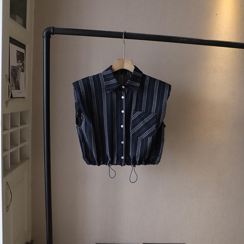 

[Bi Zheng] 2025 Summer Korean POLO Collar Striped Hem Drawstring Loose Sleeveless Short Women s Shirt 4093 One Size