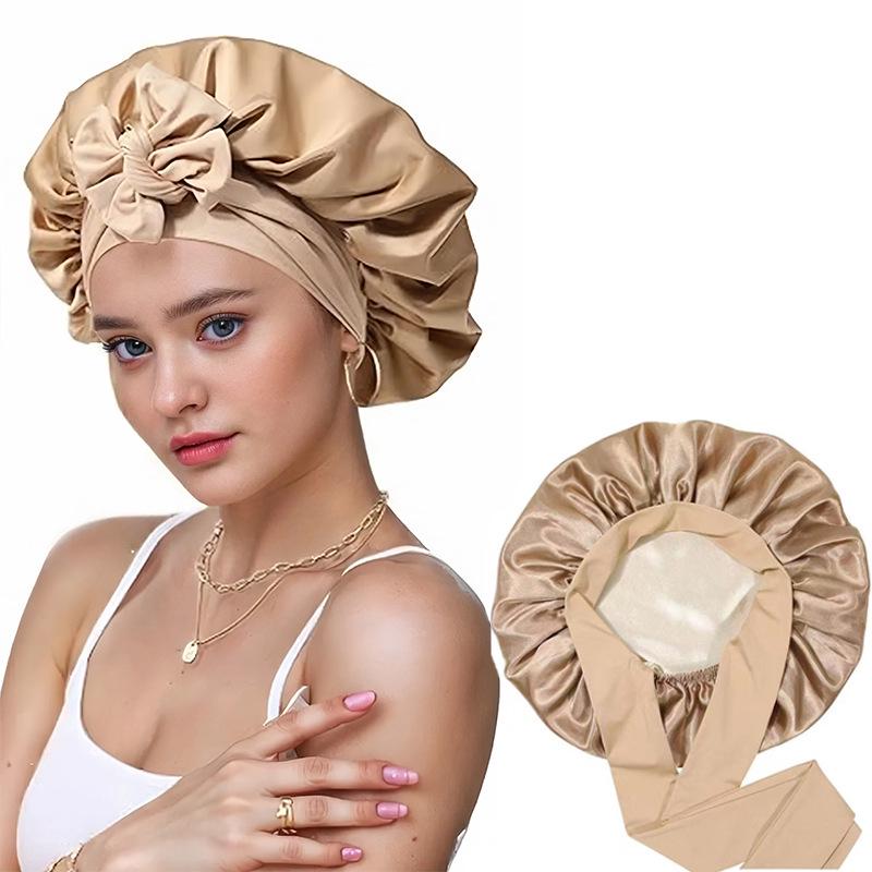 Women's Double-Layer Elastic Satin Sleep Cap - Wide Brim Hair Protection with Bow Ribbon