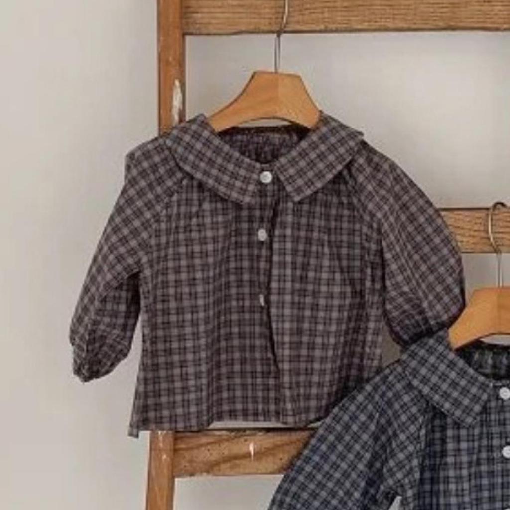 Kid's Retro Plaid Lapel Shirt, 2026 Spring/Summer Unisex Pure Cotton Casual Top