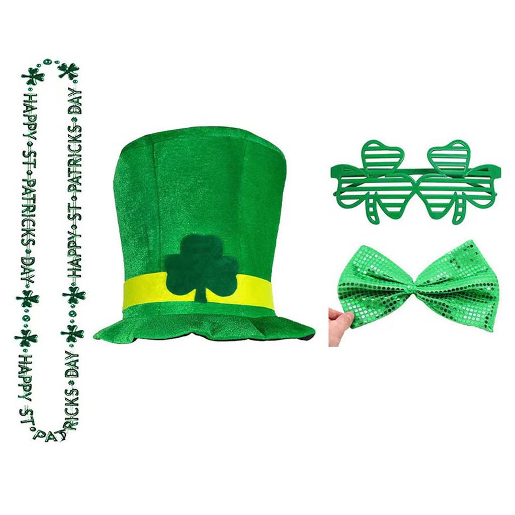 Green Tall Hat for Saint Patrick Day with Eyeglasses Festival Decor Irish National Day Flat Top Hat Costume Accessories