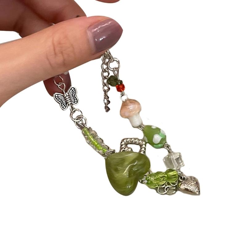Colorful Strand Bead Bracelet Green Glass Bead Mushroom Flower Pendant Link Chain Stitching Bracelet Beach Jewelry 1