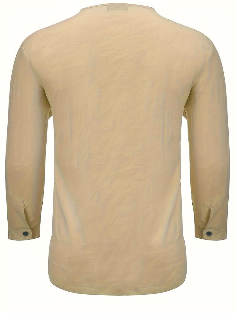 Herren Frühjahr 2024 V-Ausschnitt Langarm Leinen-Baumwoll Freizeitshirt