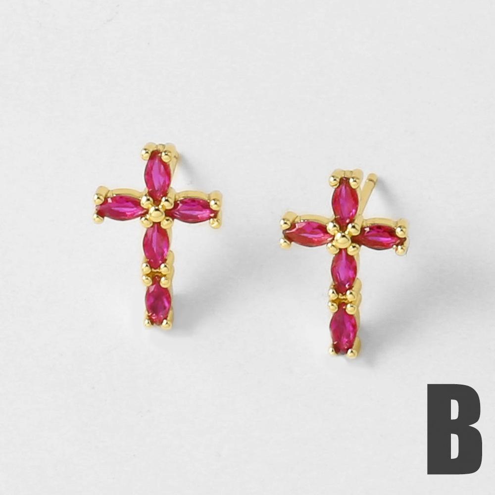 Elegant Female White Rose Red Zircon Cross Skeleton Heart Stud Earrings Trendy Fashion Gold Color Wedding Jewelry For Women
