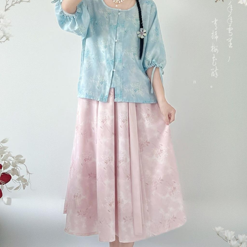 Chinese Tang Dynasty Style Hanfu Printed Tang Robe Top Waist Skirt Modified Daily Suit For Women