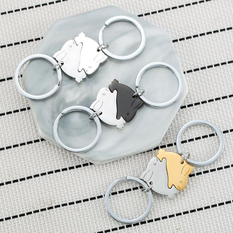 Cute Cartoon Rabbit Stainless Steel Keychain Lovely Animal Design Fashion Couple Keyring Practical Valentine's Day Gift