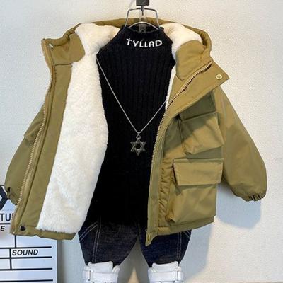Kids Boys Plush Warm Jacket Hooded Casual Autumn and Winter Thick Cotton Jacket Children's Baby Clothing Style Cotton Jacket