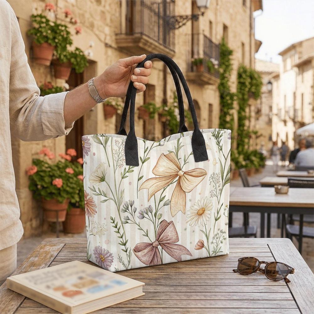 Floral Bow Printed Tote Bag Fashion Casual Large Capacity Daily Shopping Shoulder Handbag