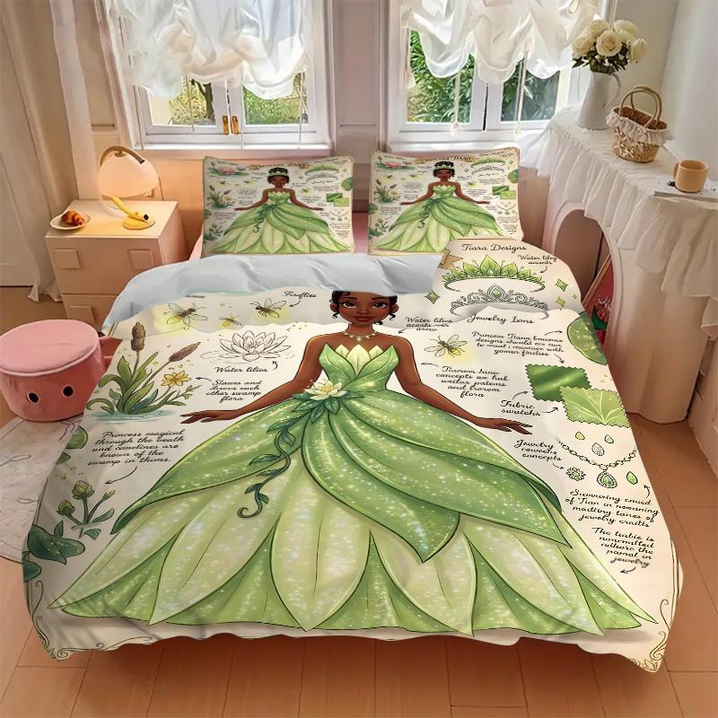 3pcs Princess Tianas Green Dress Bedding Set, Includes One Quilt Cover and Two Pillowcases, Bedroom and Guest Room Decoration. T72301113
