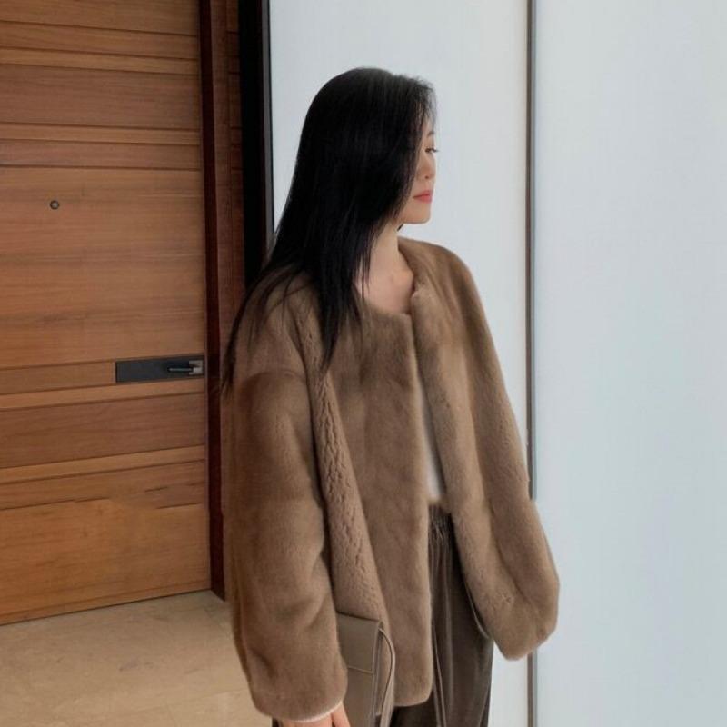 Efterår og Vinter Ny Dame Faux Fur One-piece Rundhalset Frakke
