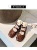 Sheepskin version~ Grape mother split-toed Mary Jane genuine leather single shoes women's round head pig's trotters buckle strap flat sheepskin pig