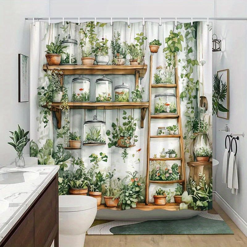 

Indoor Garden Shower Curtain Plant Shelves Ladder Design Greenery Wall Artistic Print Waterproof Bath Decor W60H190(CM)-1 Pcs