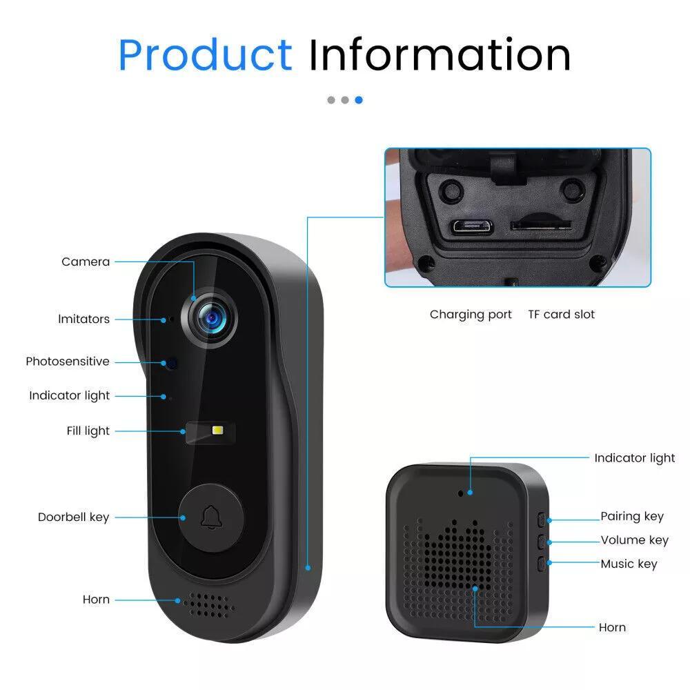 Smart Video Doorbell-Wireless WiFi Security Camera with Night Vision,two-way Audio,real-time Notification,cloud Storage,smart Home Security Doorbell