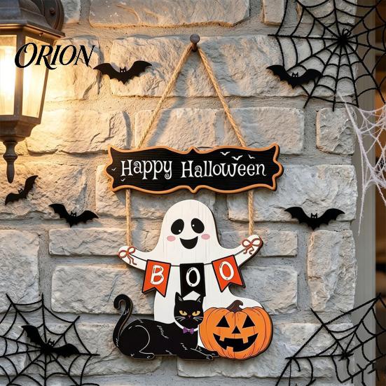Holiday Party Supplies Halloween Wooden Hanging Sign, Rustic Ghost Bat Black Cat Witch Hat Wall Decor, Balcony Window Decor Spooky Pendant with