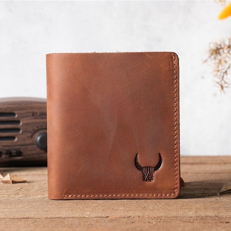 Crazy Horse Leather Simple Short Wallet Head Layer Leather Retro Men's and Women's Large Capacity Card Bag Wallet Genuine Leather