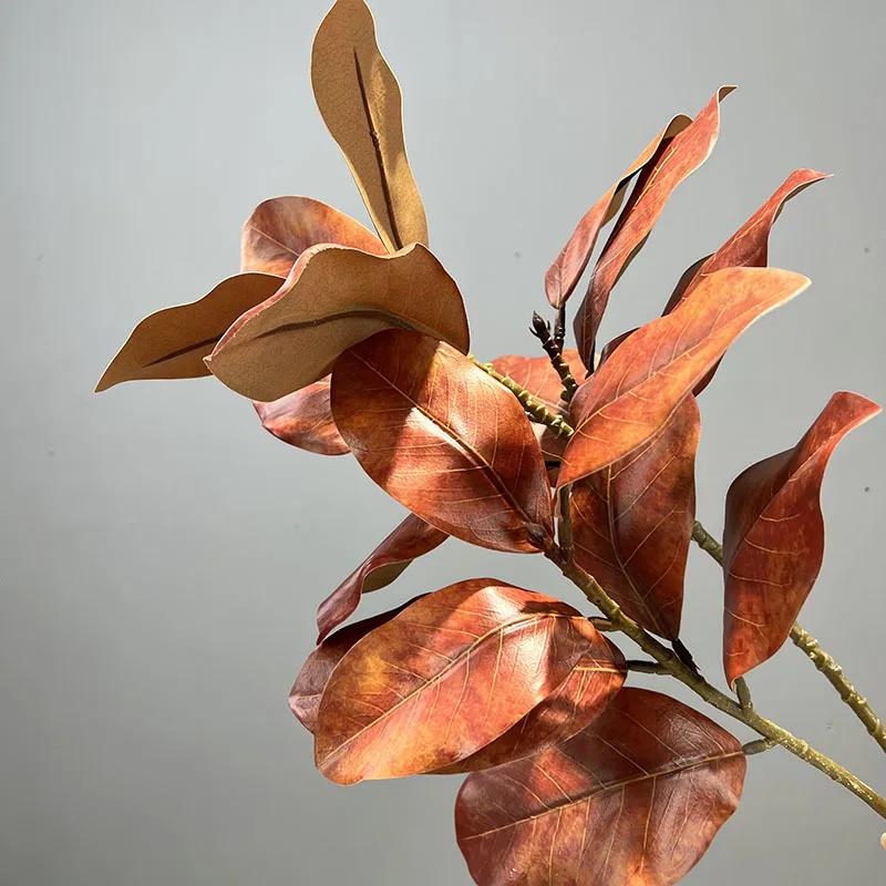 Artificial Longbranch Magnolia Leaves Floral Green Plants Office Decoration Simulation Plant Orange-red Magnolia Leaf Flower