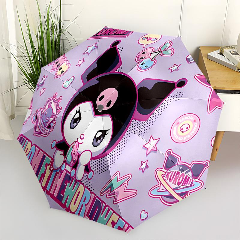 Kuromi,Kawaii Automatic Folding Umbrella-Simple 8-Rib Design, Bright Cartoon Pattern, Durable Iron Frame, Suitable For Travel, Outdoor, Beac