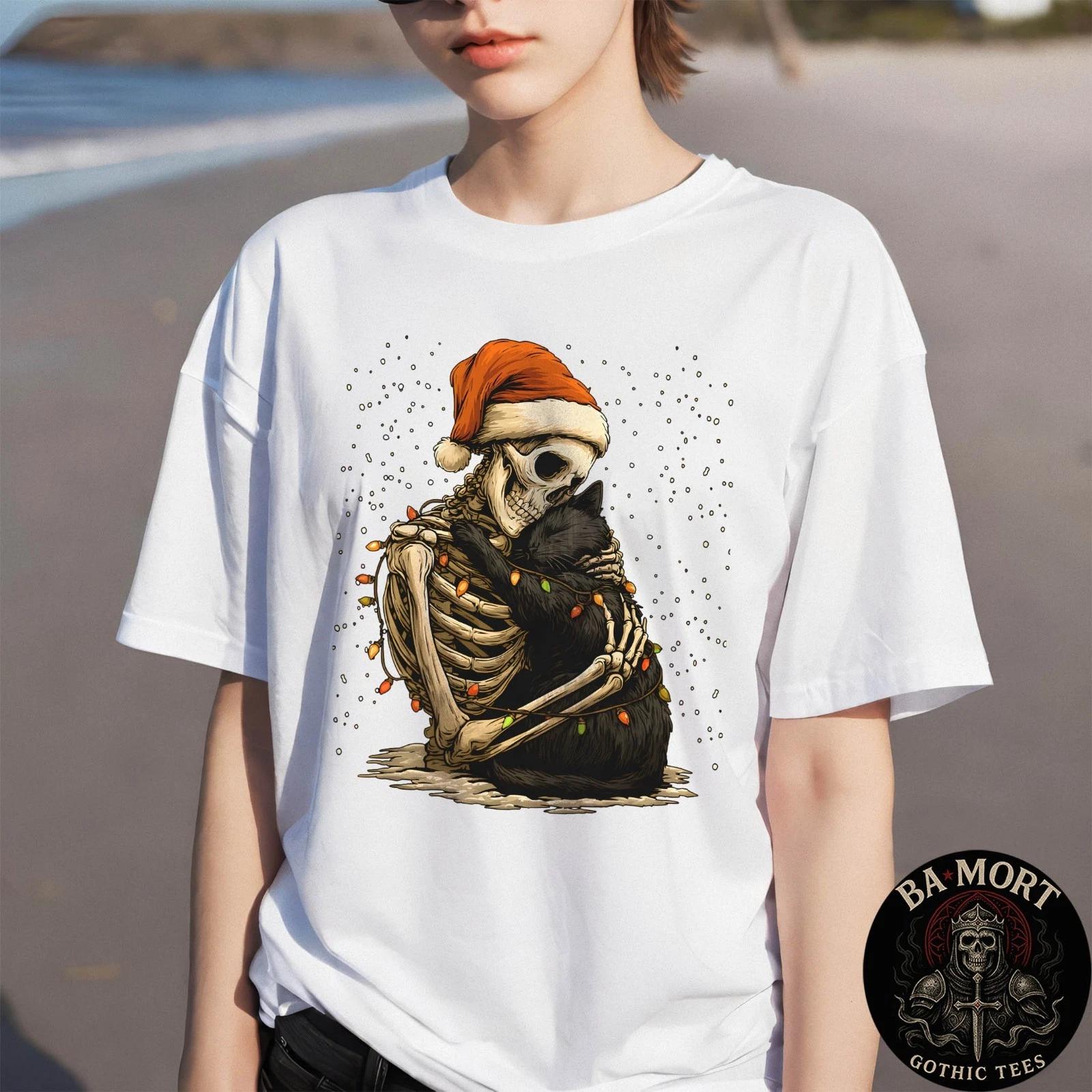 Skeleton With Santa Hat Hugging Cat Winter Gothic Christmas 100% Cotton T-shirt Mens Tees Top M