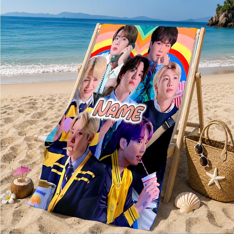 Custom Name Colorful Cartoon K-pop Characters Beach Towel Microfiber Beach Towel, Lightweight and Quick-Dry, for Summer Travel, Swimming Pool Gift