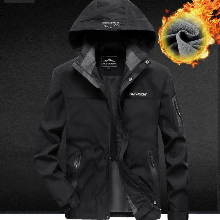 Men's Windproof Waterproof Fleece-Lined Jacket with Removable Hood for Autumn and Winter - Stain-Resistant Outdoor Mountaineering Outerwear.