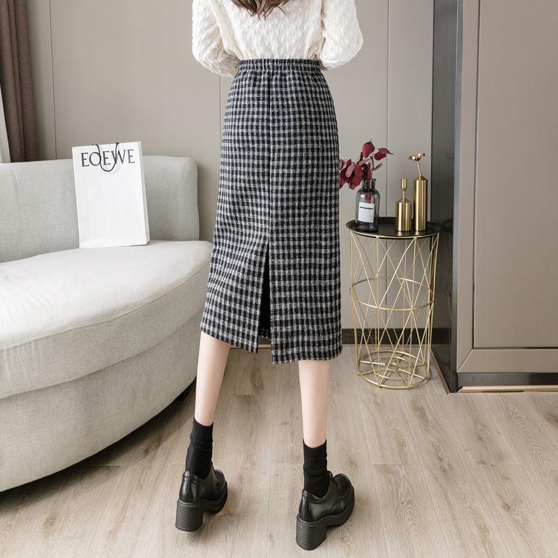 

Women s Wool Houndstooth Fleece-Lined Midi Skirt - Autumn/Winter Thick Straight Slit Design S for 76-95 jin