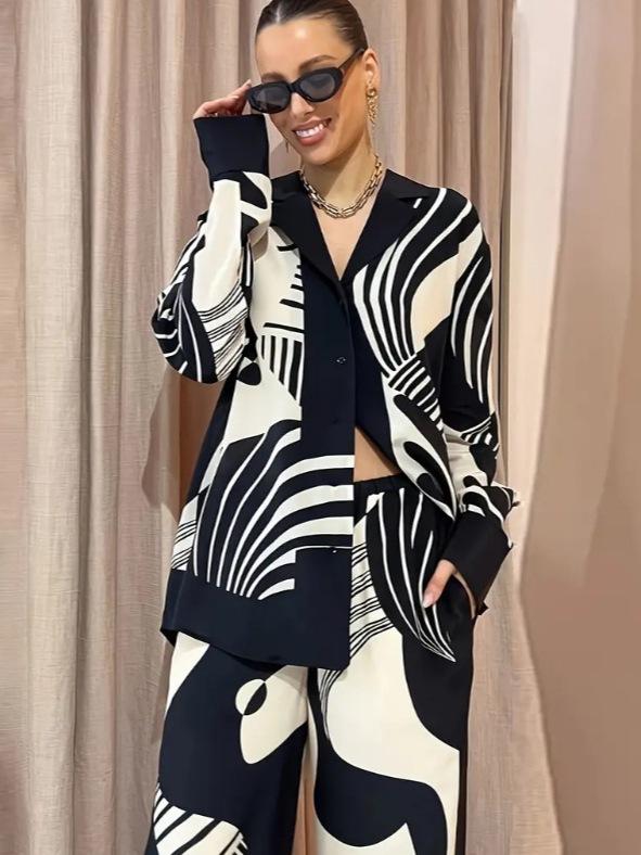 2024 Autumn Elegant Women's Trendy Print Long Sleeve Top and Pants Set