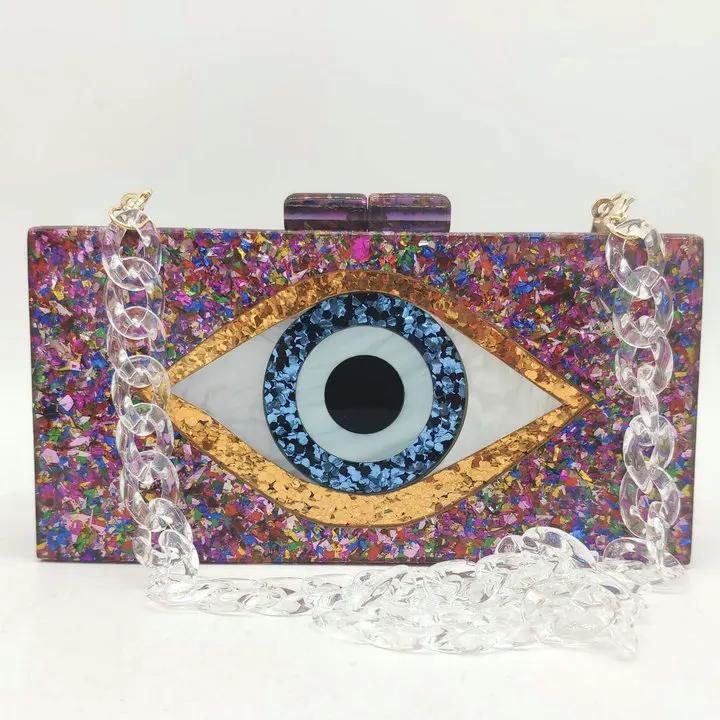 Boutique De FGG Evil Eye Acrylic Purse Women Black Evening Bags and Clutches Chain Shoulder Crossbody Bag Party Prom Clutch