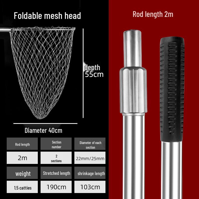 Telescopic Stainless Steel Fishing Rod with Foldable Net Head and Fish Bag Grapnel Set