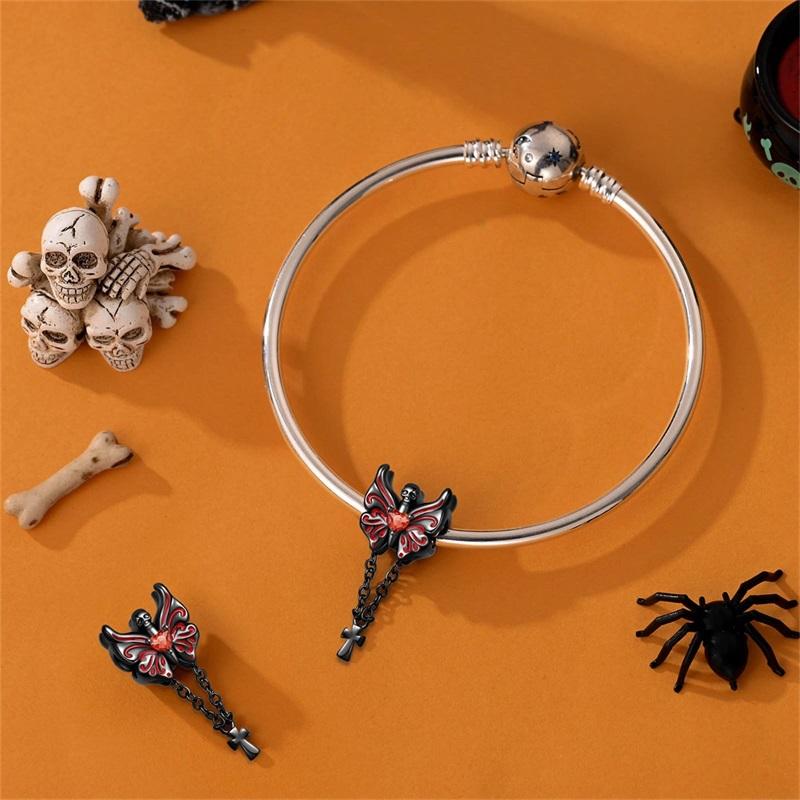 Halloween Party Copper Gothic Skeleton Butterfly&Chain Cross Pendant Bead Fit Charms Bracelet For Jewelry Making Women Gift