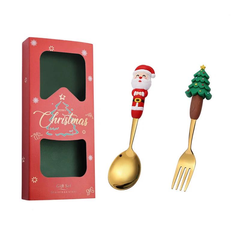 Kalėdinių šaukštelių rinkinys Kūrybingas stalo įrankių rinkinys Animacinis Kalėdų eglutės desertinis šaukštelis Šakutė Dovanų dėžutė