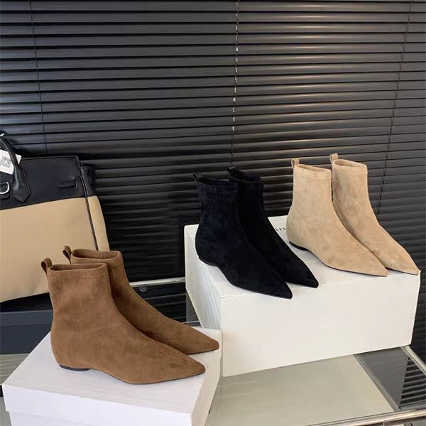 High value flat bottom flat heel matte short boots socks boots temperament thin boots suede pointed simple