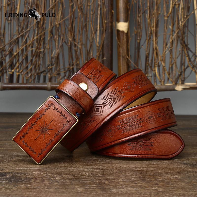 Retro Carved Pattern Trendy Handmade Smooth Buckle Belt Men's Buckle Genuine Leather Pure Cowhide Denim Belt