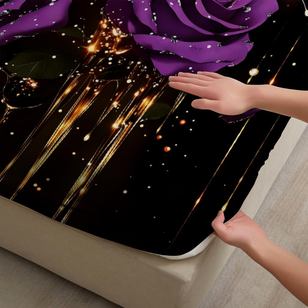 Purple Rose And Butterfly Print Fitted Sheet Set Black With Gold Accents Bedding Set With Pillowcases For Bedroom Decor