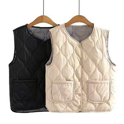Winter Women Layering Vest Coat with Storage Bag Thin Padded Press Button Closure V Neck Sleeveless Solid Color Windproof
