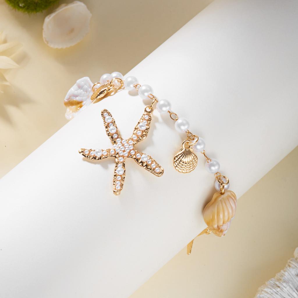 Bohemia Starfish Shell Pendant Anklet for Women Imitation Pearl Beads Conch Bracelet On Leg Summer Beach Barefoot Sandal Jewelry