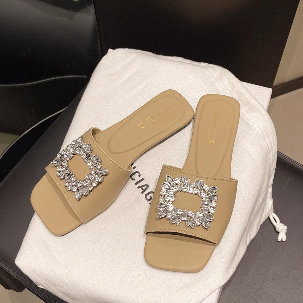 French Rhinestone Slippers Women's Summer Wear 2025 New Lightweight Sandals Women's Flat-bottomed Fairy Wind One-word Slippers