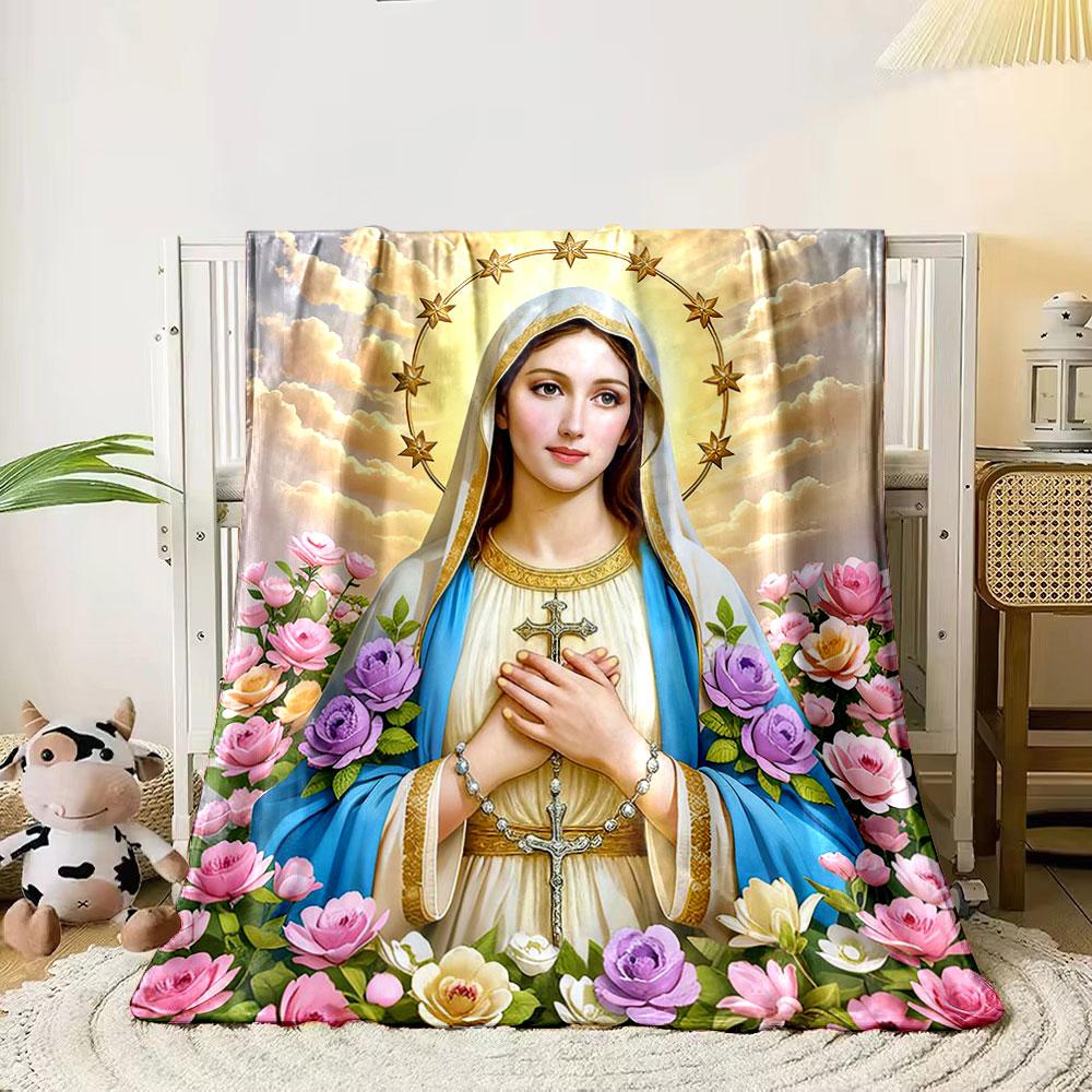 

Golden halo, radiant sky, floral decor, blue robe, and rosary cross. for all seasons blanket lunch break throw gift 80cm x 120cm