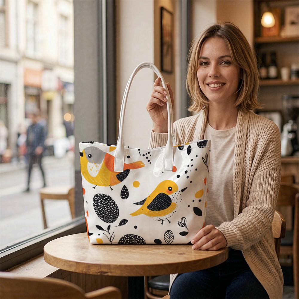Cute Bird Printed Shoulder Bag Casual Large Tote Handbag for Daily Shopping