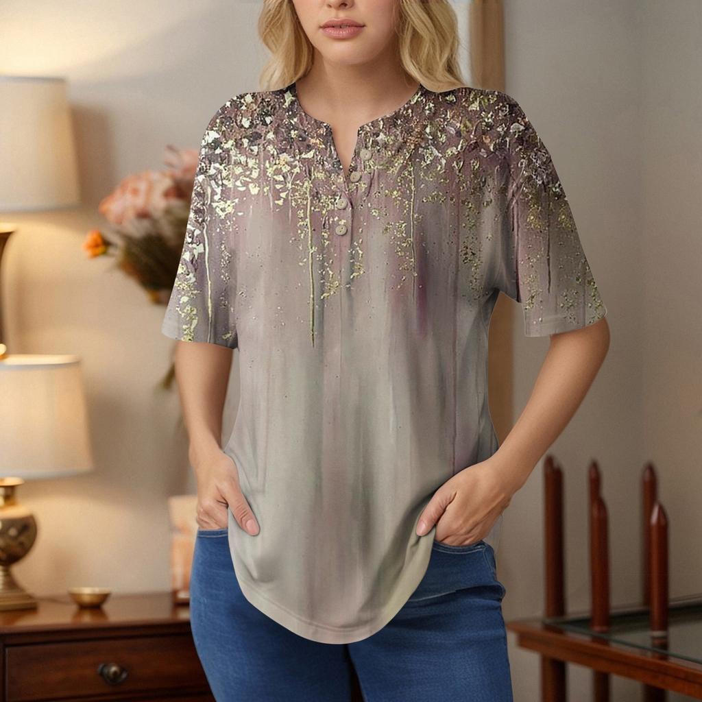 Korte Mouw Dames Tops Zomer T-shirts Bloemenprint V-hals Casual Basis T-shirt Knopenhemden Tuniek Tops