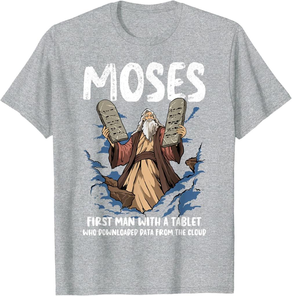 Women's Funny Moses T-Shirt Christian Humor Bible Gospel Data Cloud Print Unisex Cotton Summer Top Cool Breathable Casual Shirt