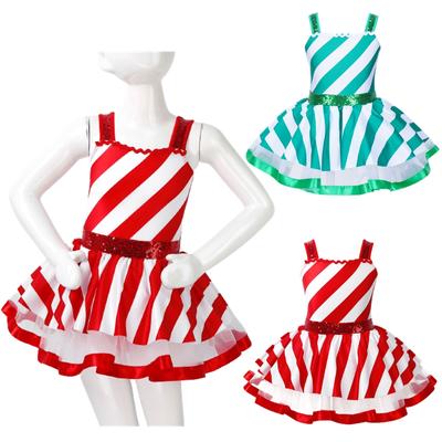 Kids Girls Christmas Dance Cosplay Costumes Shiny Sequins Striped Dress Figure Ice Skating Roller Skating