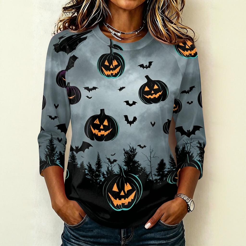 Women's Casual Raglan Sleeve Crew Neck Three Quarter Sleeve Halloween Graphic T Shirt Top for Everyday Wear