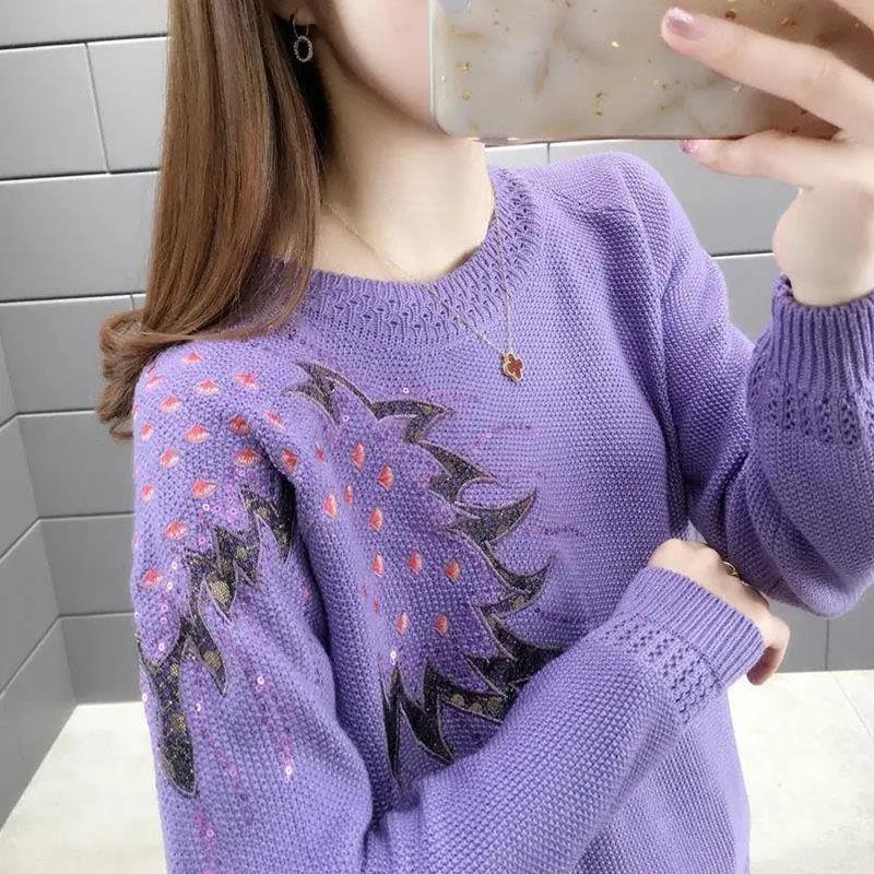 Loose spring and autumn women's hollow topShort round neck embroidered knitted sweater versatile and fashionable base shirt